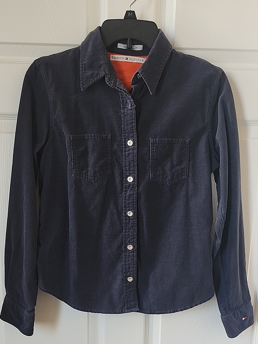 Tommy Hilfiger Navy Button-Down Fine Corderoy Shirt with Orange Trim - Size 6